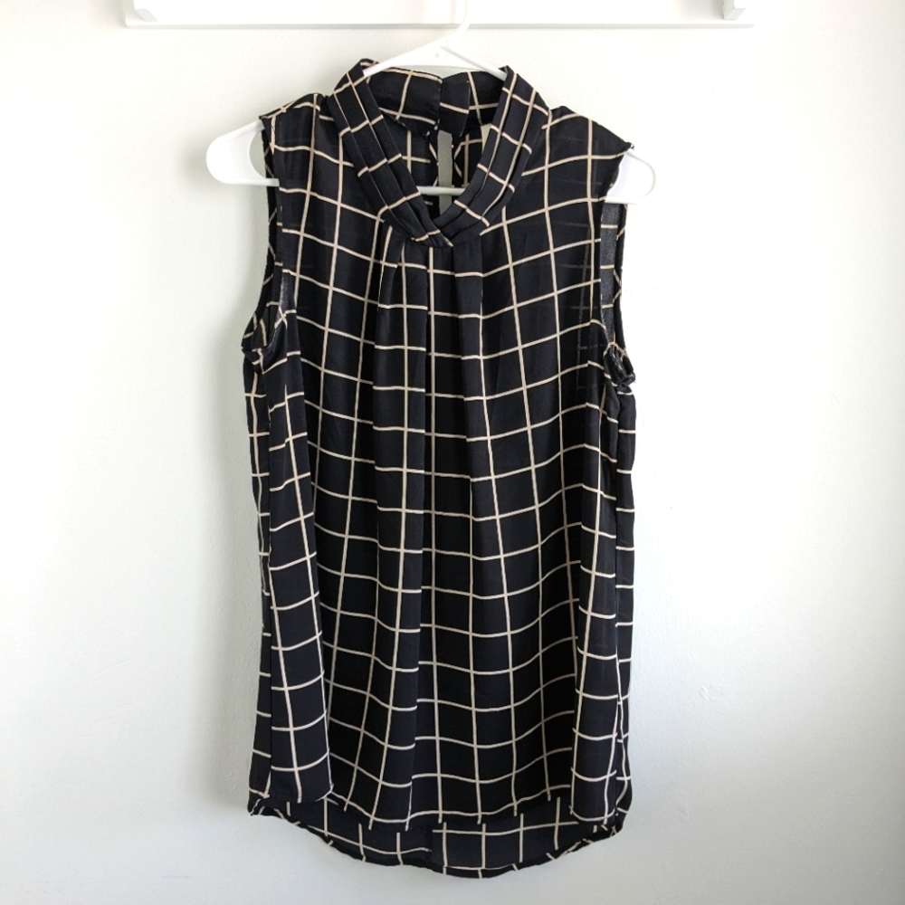 Tacera Sleeveless Blouse, Black with Tan Grid Pattern